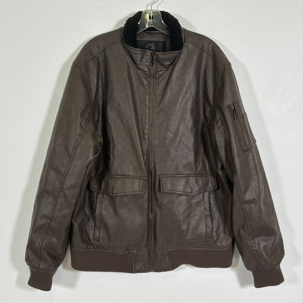 Hawke & Co Mens XL Brown Faux Leather Bomber Jacket Sherpa Collar Aviator